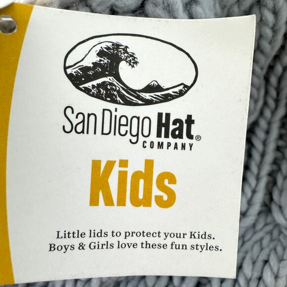 San Diego Hat Co Kid Cable Knit Beanie Pom Pom Neck Tie Size 5-7 yrs Winter Gray - Picture 7 of 10